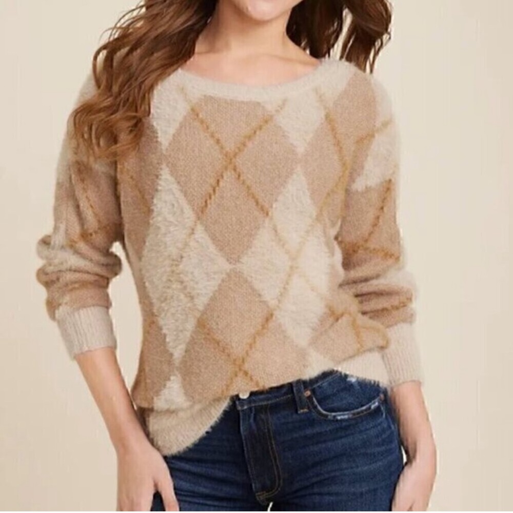 MAURICES Fuzzy Argyle Sweater Cream Beige Tan Brown Long Sleeve Preppy Pullover